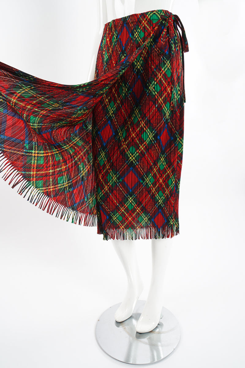 Vintage Issey Miyake Pleats Please Plaid Print Wrap Skirt on Mannequin angle at Recess Los Angeles