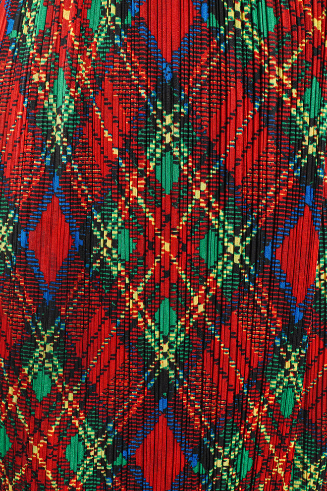 Vintage Issey Miyake Pleats Please Plaid Print Wrap Skirt fabric at Recess Los Angeles