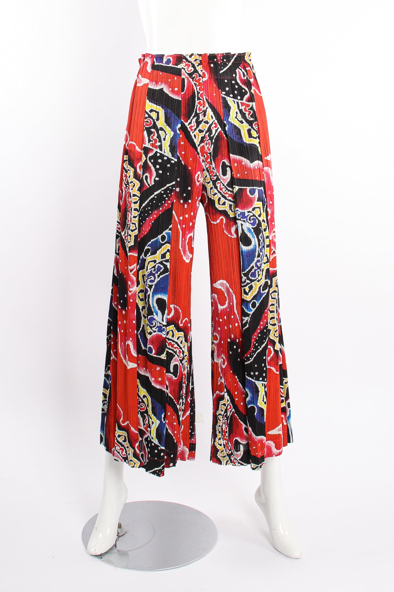 VIntage Pleats Please Issey Miyake Wide Leg Fire Print Palazzo Pant on Mannequin front @ Recess LA