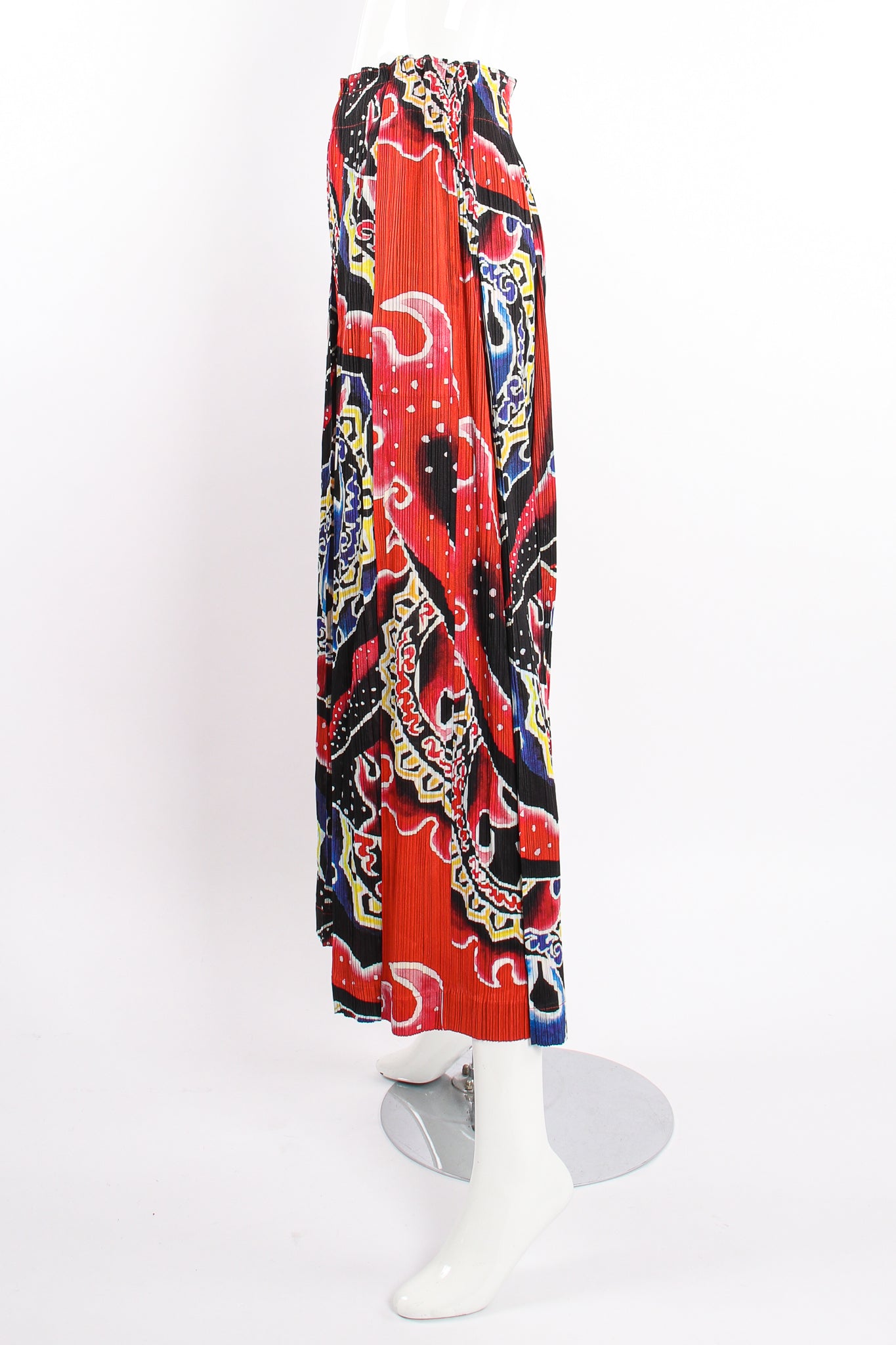 VIntage Pleats Please Issey Miyake Wide Leg Fire Print Palazzo Pant on Mannequin side @ Recess LA