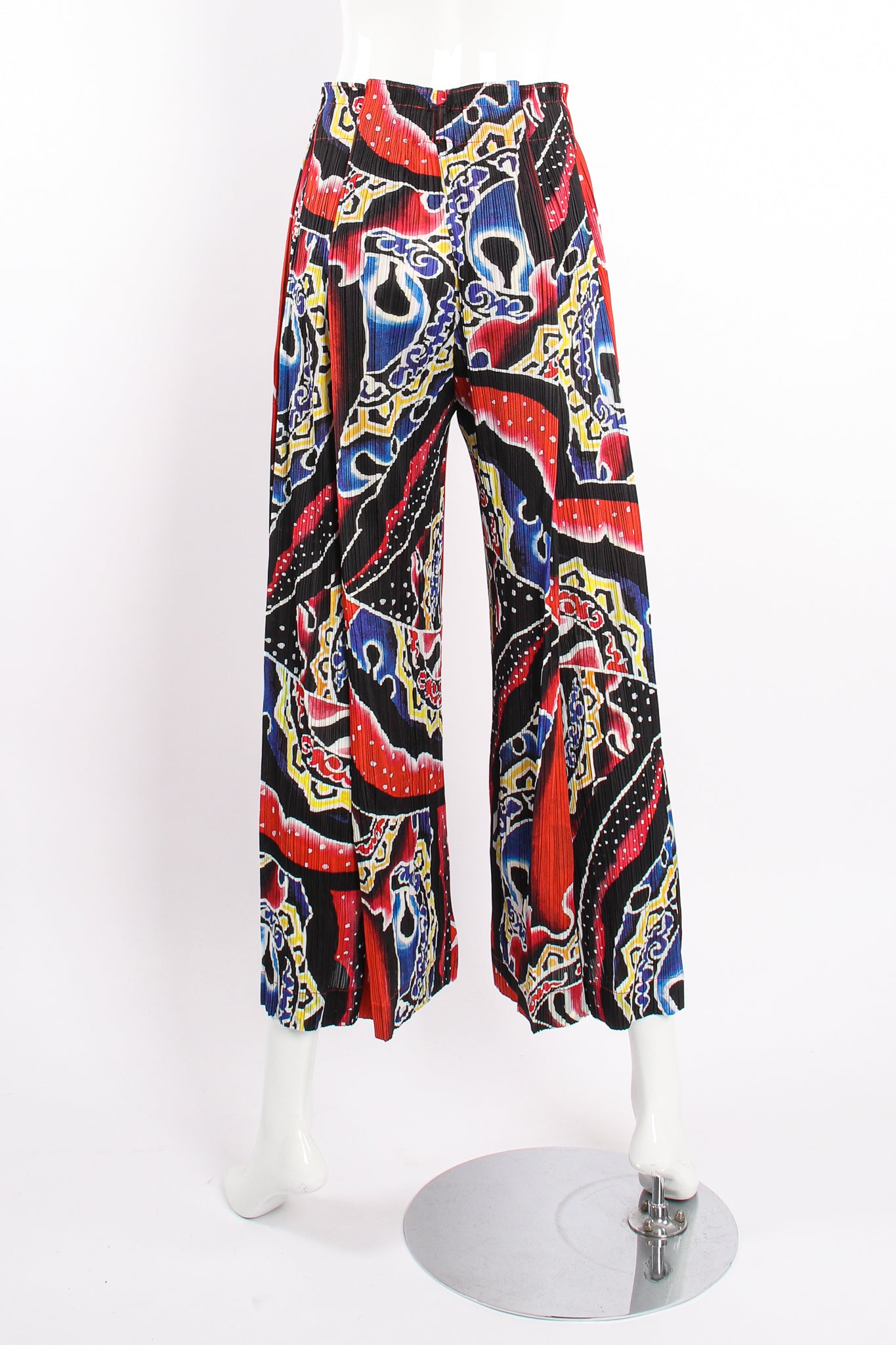 VIntage Pleats Please Issey Miyake Wide Leg Fire Print Palazzo Pant on Mannequin back @ Recess LA