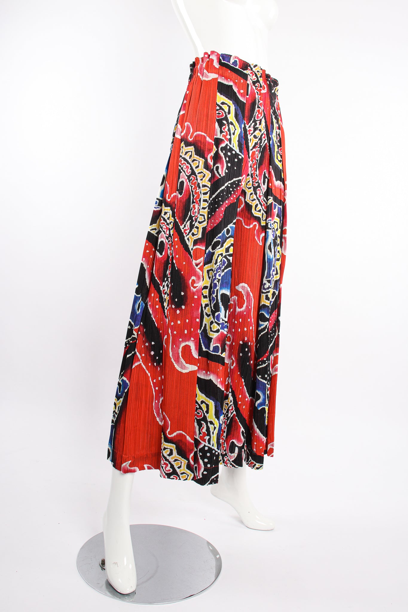 VIntage Pleats Please Issey Miyake Wide Leg Fire Print Palazzo Pant on Mannequin angle @ Recess LA
