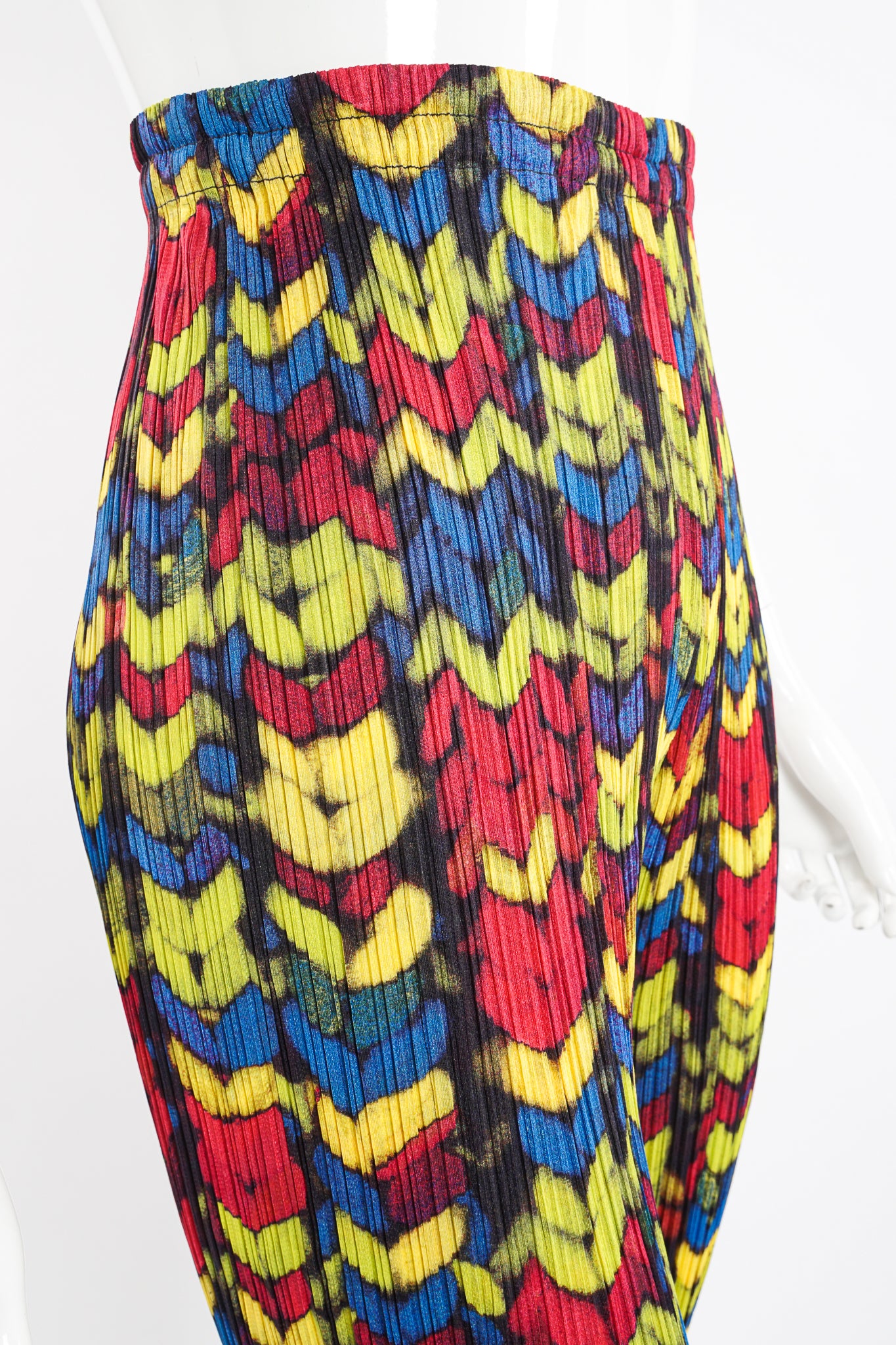 Vintage Issey Miyake Pleats Please RGB Yarn Print Pleated Pant on Mannequin waist at Recess LA