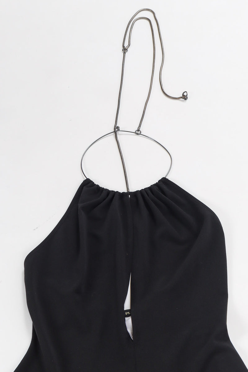 Black lycra backless halter jumpsuit with y-chain belt detail by Plein Sud halter detail @recessla