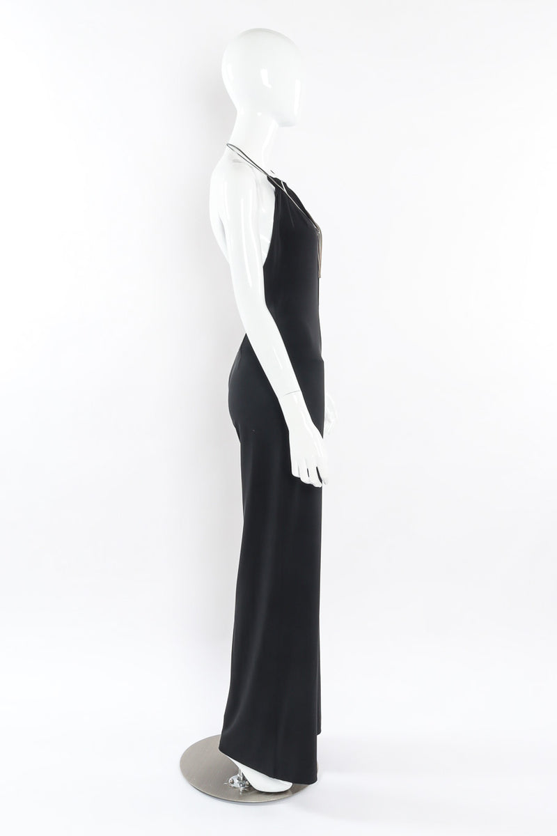 Black lycra backless halter jumpsuit with y-chain belt detail by Plein Sud side mannequin view @recessla