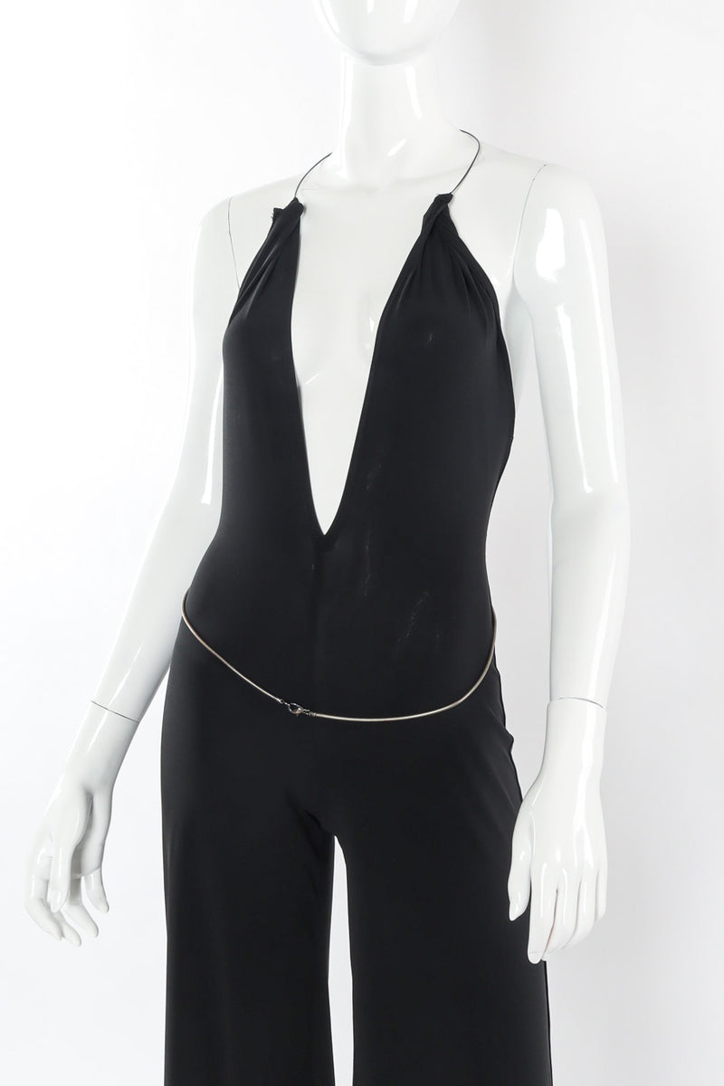 Black lycra backless halter jumpsuit with y-chain belt detail by Plein Sud close view @recessla