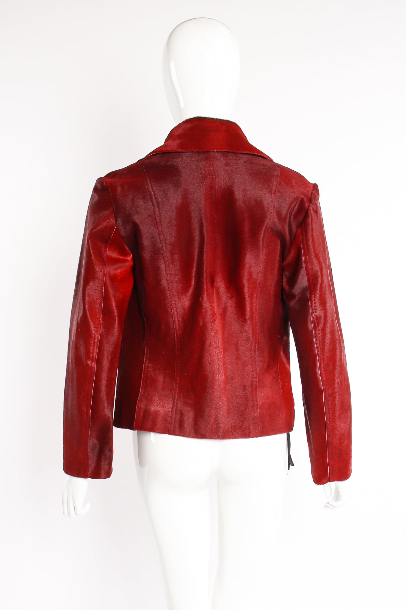 Vintage Plein Sud Blood red Pony Hair Moto Jacket on Mannequin back at Recess Los Angeles
