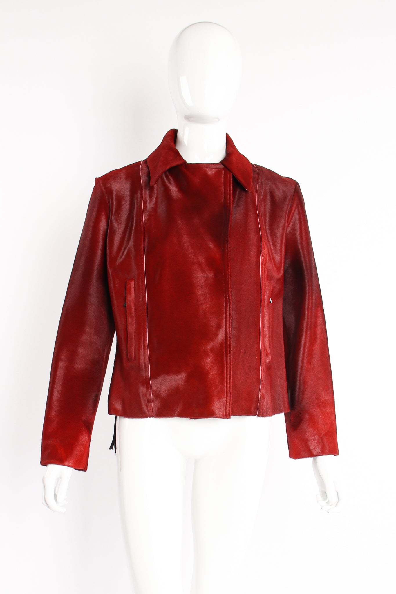 Vintage Plein Sud Blood red Pony Hair Moto Jacket on Mannequin front at Recess Los Angeles