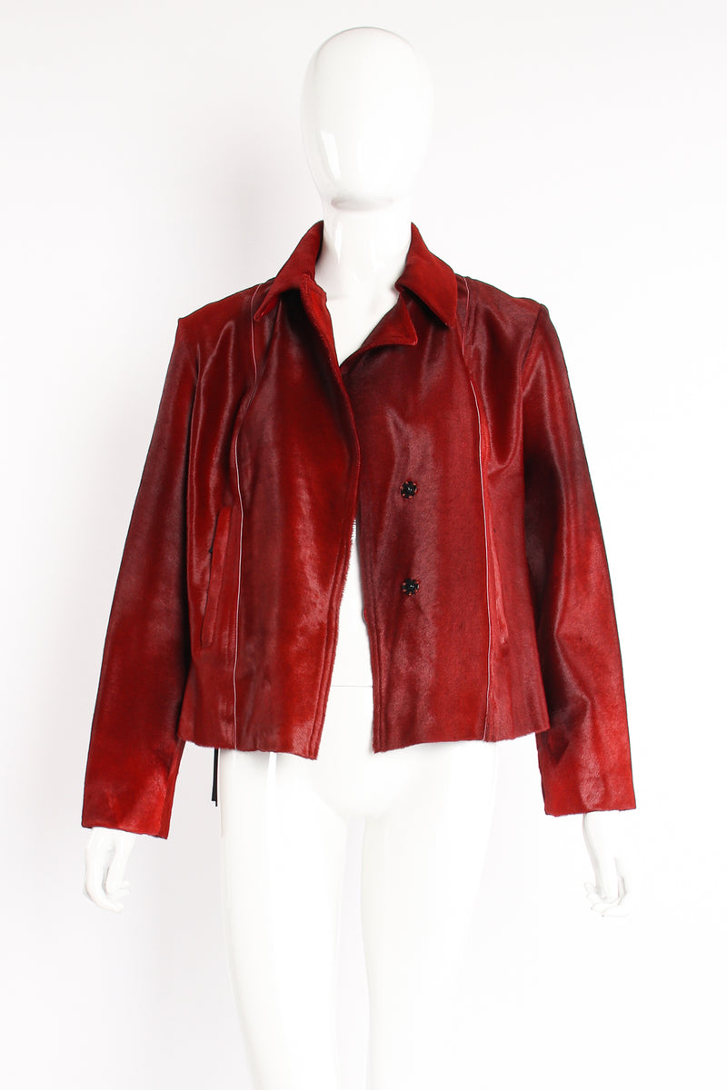 Vintage Plein Sud Blood red Pony Hair Moto Jacket on Mannequin open at Recess Los Angeles