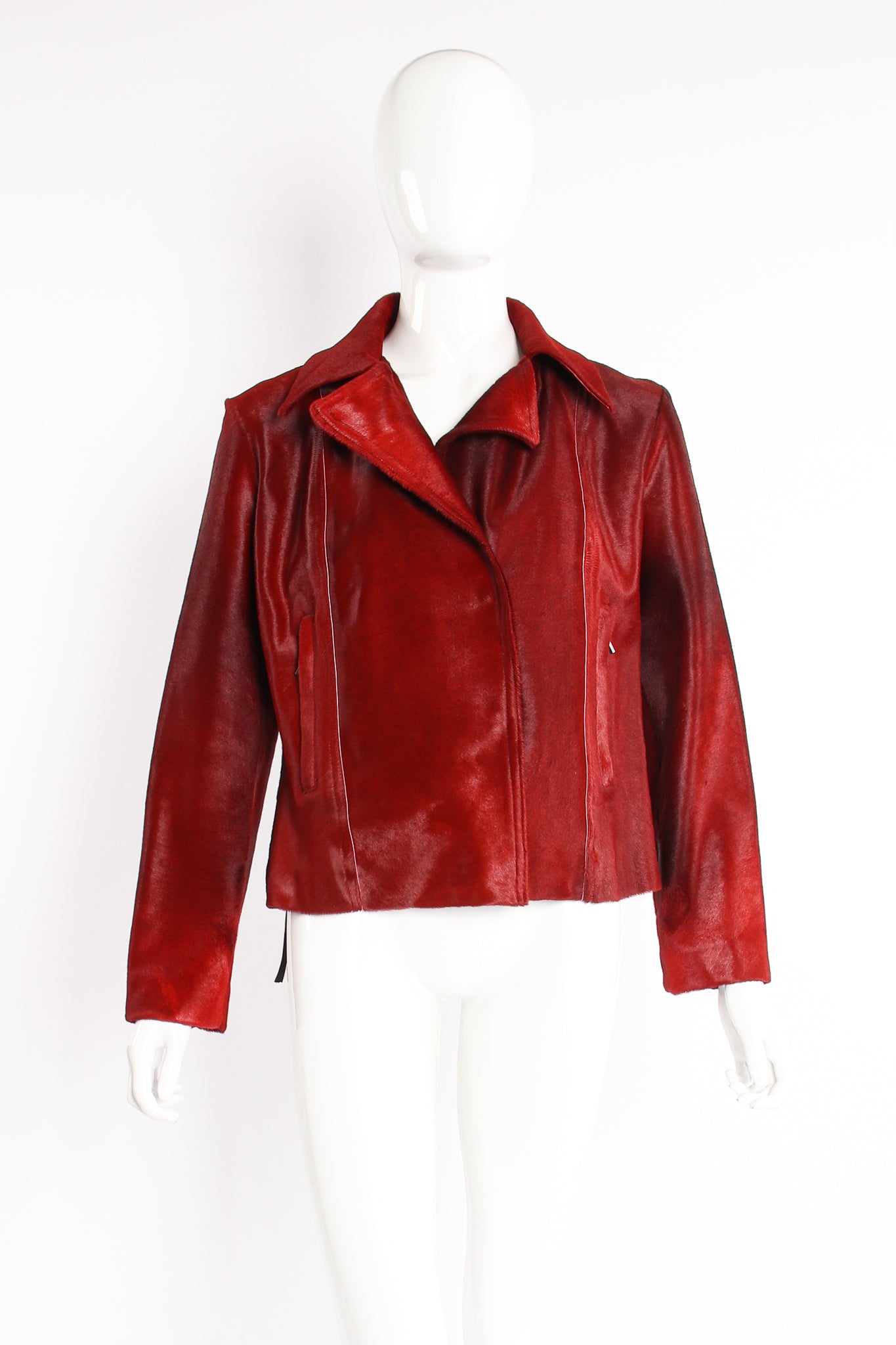 Vintage Plein Sud Blood red Pony Hair Moto Jacket on Mannequin front at Recess Los Angeles