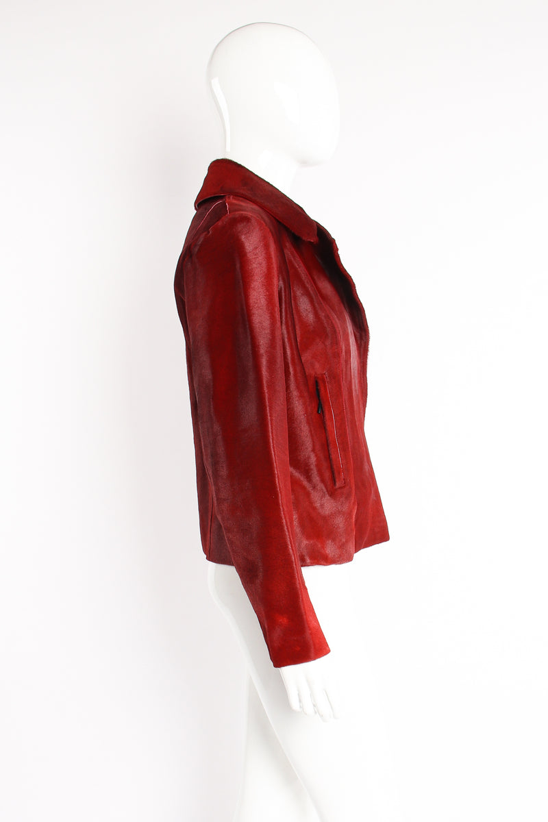 Vintage Plein Sud Blood red Pony Hair Moto Jacket on Mannequin side at Recess Los Angeles