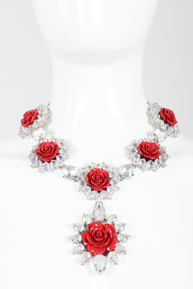 Vintage Prada Crystal Resin Rose Bib Necklace SS 2012 on mannequin at Recess