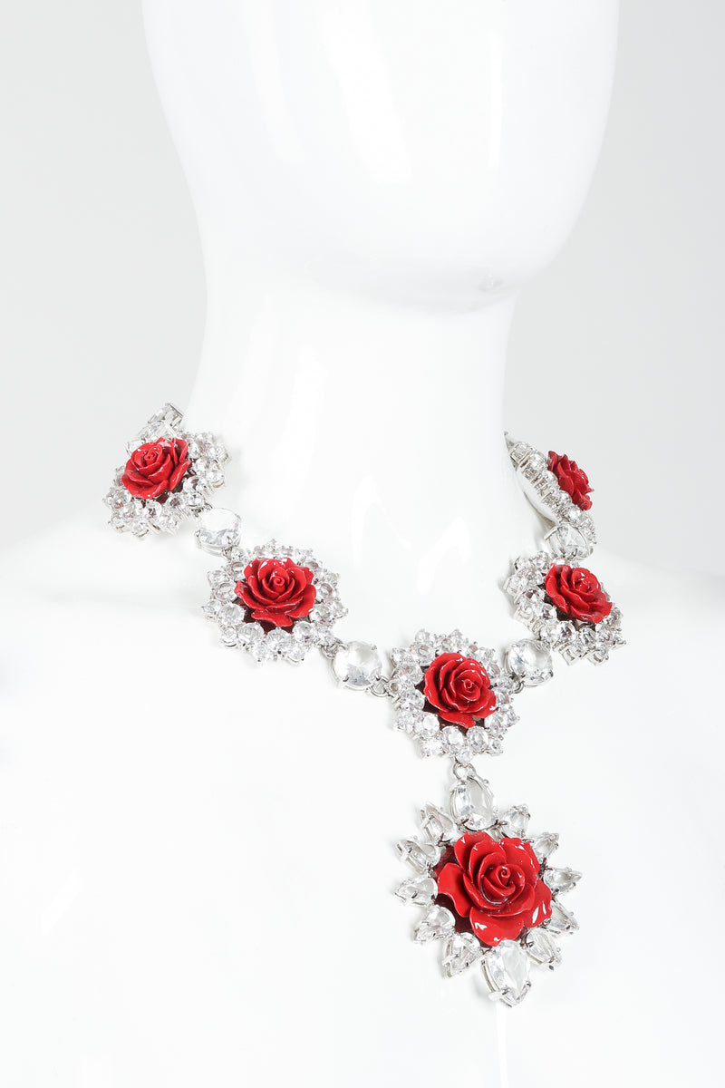 Vintage Prada Crystal Resin Rose Bib Necklace SS 2012 on mannequin at Recess
