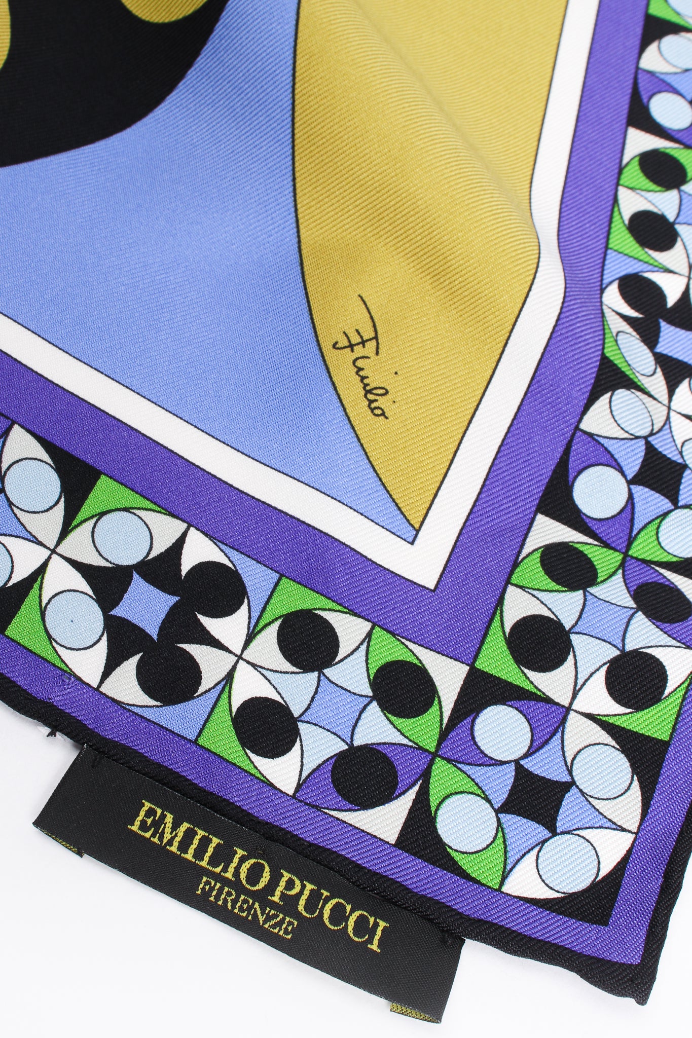Vintage Emilio Pucci Geometric Kaleidoscope Print Silk Scarf label at Recess Los Angeles