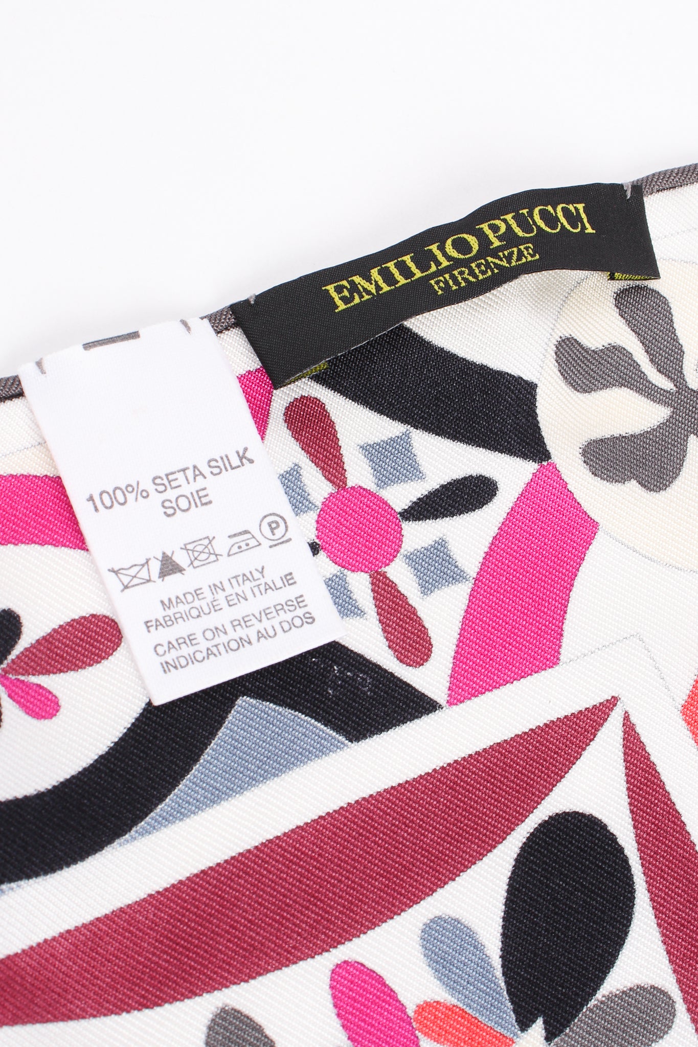 Vintage Emilio Pucci Fuchsia Geometric Phoenix Print Silk Scarf label at Recess Los Angeles