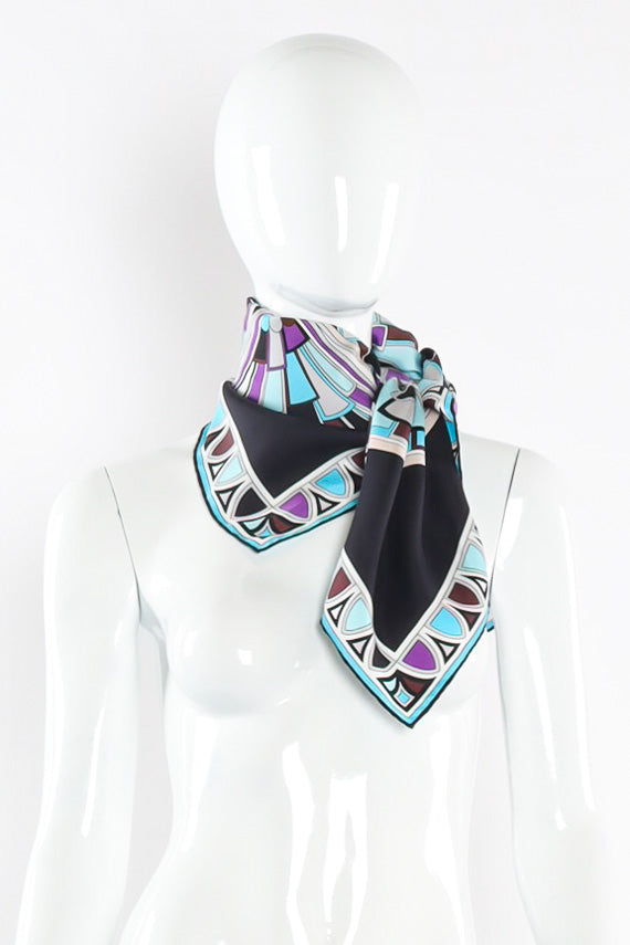 Geometric print scarf by Emilio Pucci around neck view @recessla