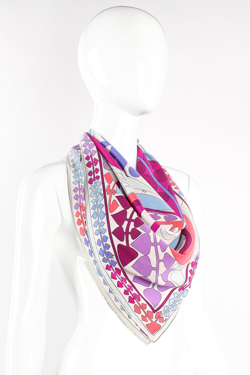 Vintage Pucci Psychedelic Floral Leaf Print Silk Scarf on mannequin at Recess Los Angeles
