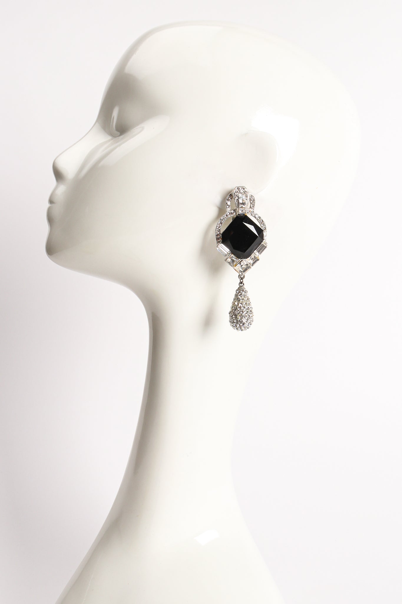 Vintage Beveled Crystal and Rhinestone Teardrop Earrings on Mannequin at Recess Los Angeles