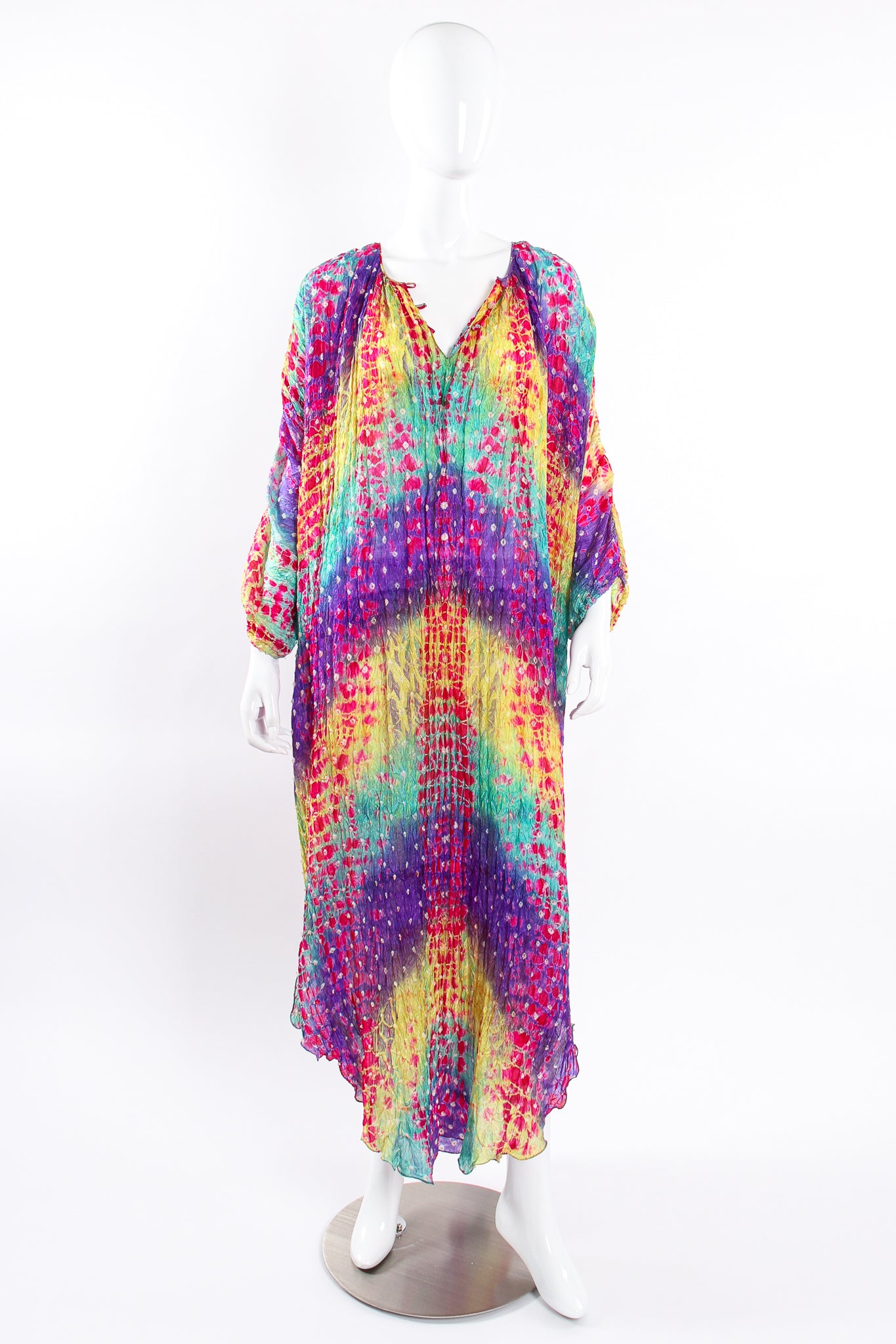 Vintage Raksha Rainbow Silk Bandhani Tie Dye Caftan on Mannequin front open at Recess Los Angeles