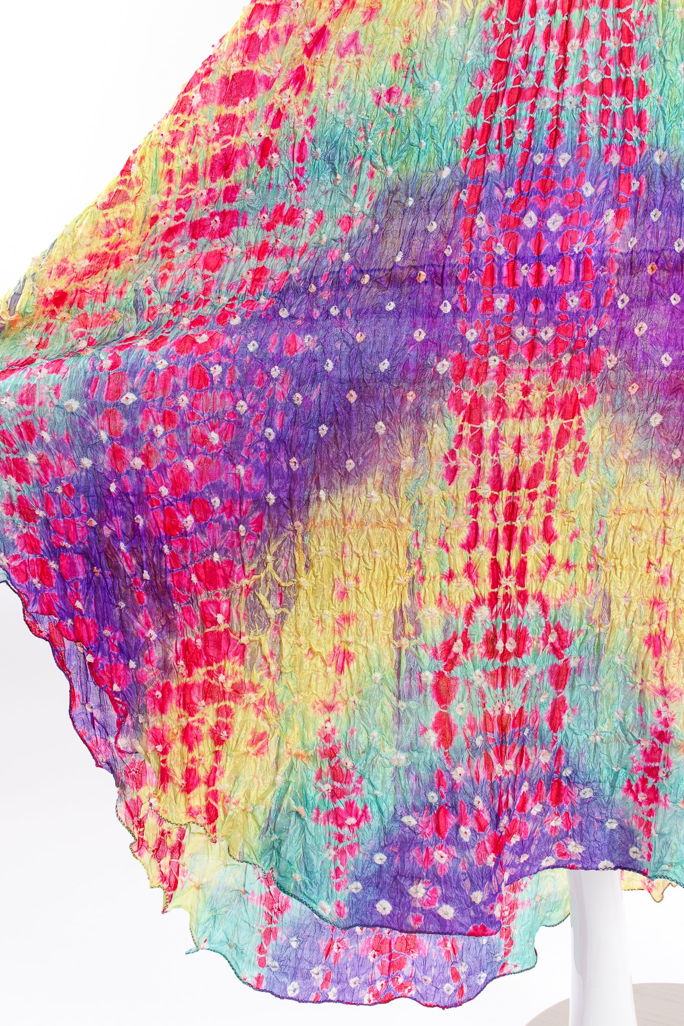Vintage Raksha Rainbow Silk Bandhani Tie Dye Caftan fabric at Recess Los Angeles