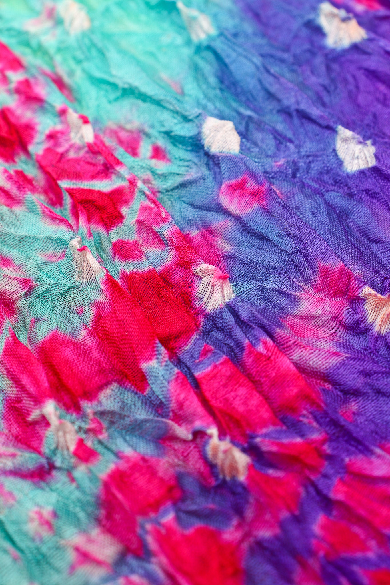 Vintage Raksha Rainbow Silk Bandhani Tie Dye Caftan fabric detail at Recess Los Angeles