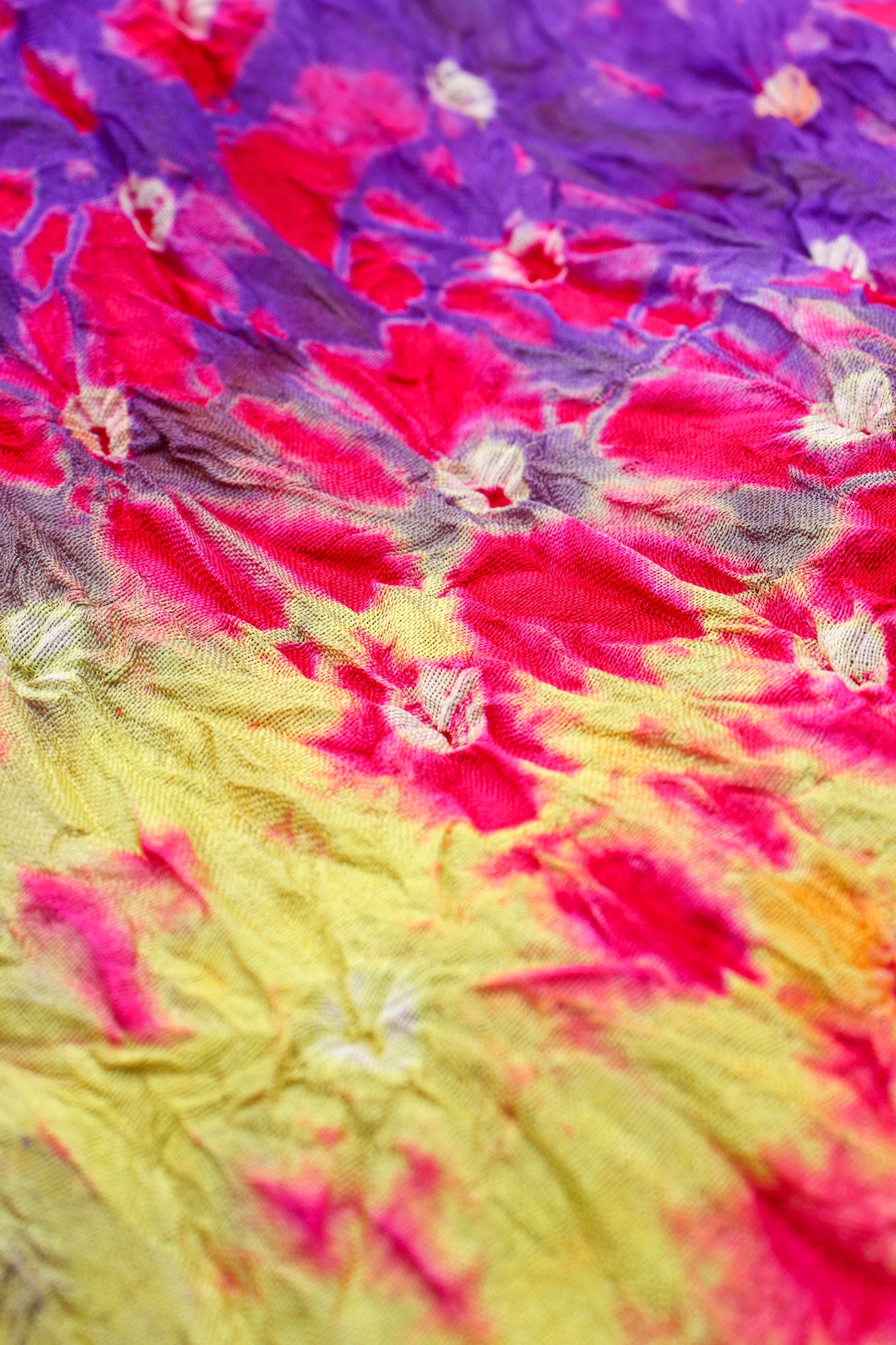 Vintage Raksha Rainbow Silk Bandhani Tie Dye Caftan fabric detail at Recess Los Angeles