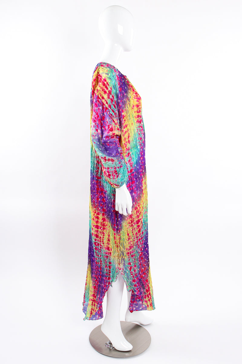 Vintage Raksha Rainbow Silk Bandhani Tie Dye Caftan on Mannequin side at Recess Los Angeles
