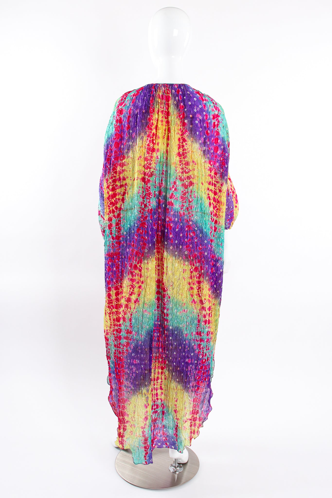Vintage Raksha Rainbow Silk Bandhani Tie Dye Caftan on Mannequin back at Recess Los Angeles