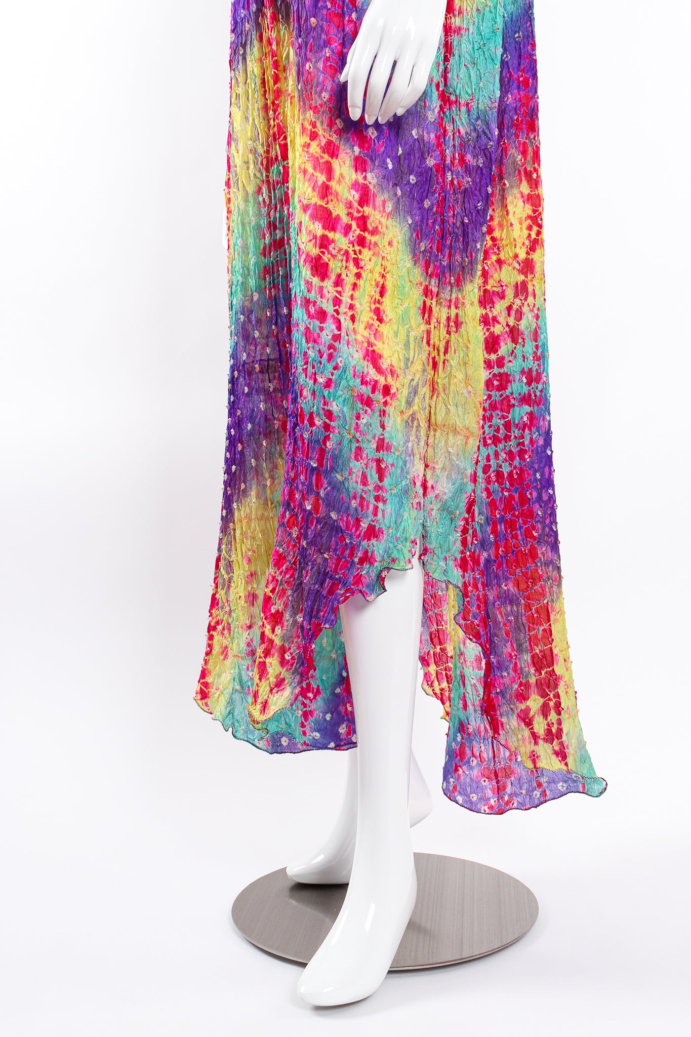 Vintage Raksha Rainbow Silk Bandhani Tie Dye Caftan on Mannequin skirt at Recess Los Angeles