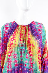 Vintage Raksha Rainbow Silk Bandhani Tie Dye Caftan on Mannequin neck at Recess Los Angeles