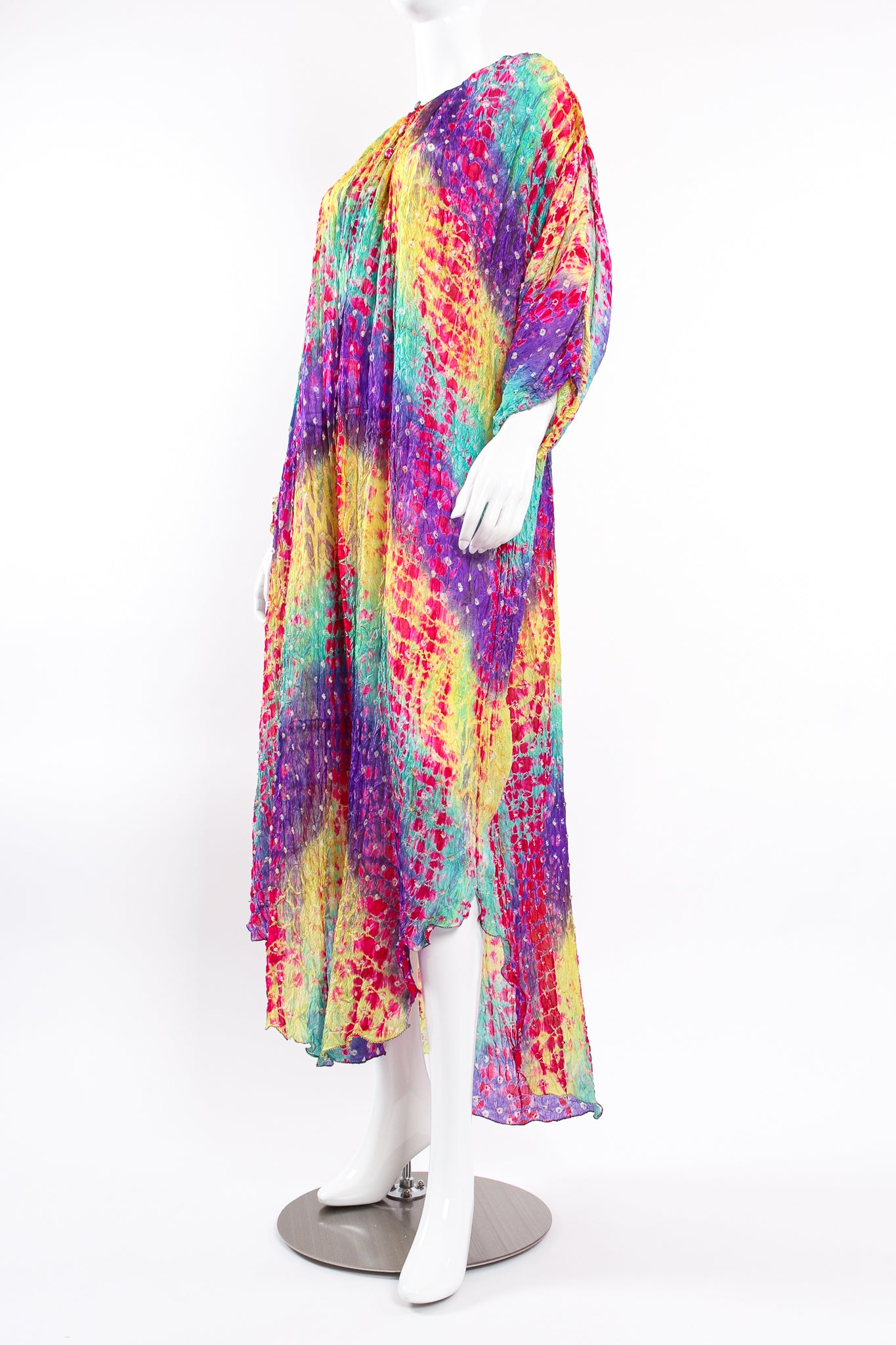 Vintage Raksha Rainbow Silk Bandhani Tie Dye Caftan on Mannequin angle at Recess Los Angeles