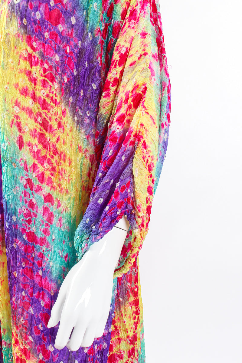 Vintage Raksha Rainbow Silk Bandhani Tie Dye Caftan on Mannequin sleeve at Recess Los Angeles
