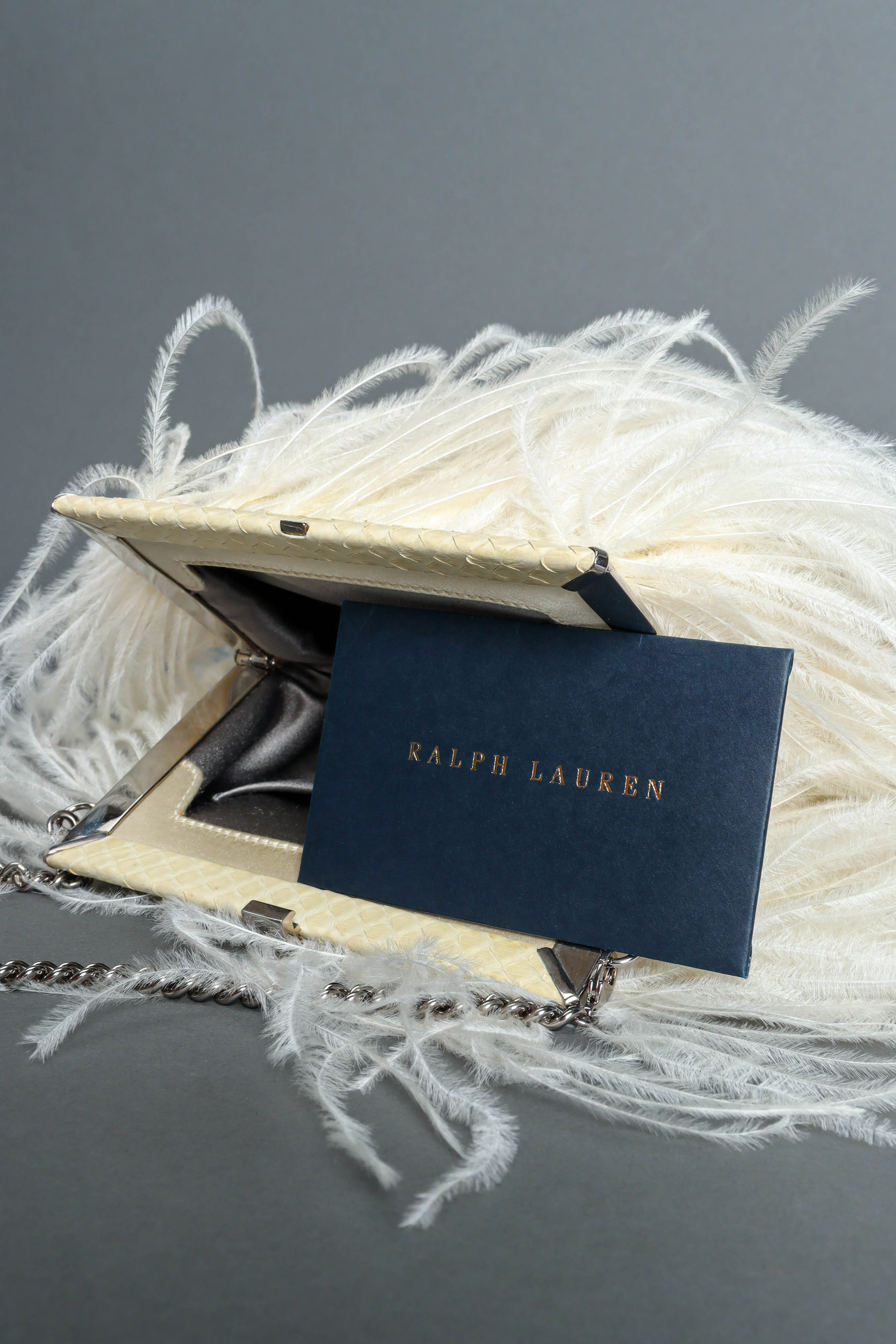 Vintage Ralph Lauren Creamy Ostrich Clutch original card, leather, & feather detail @ Recess LA