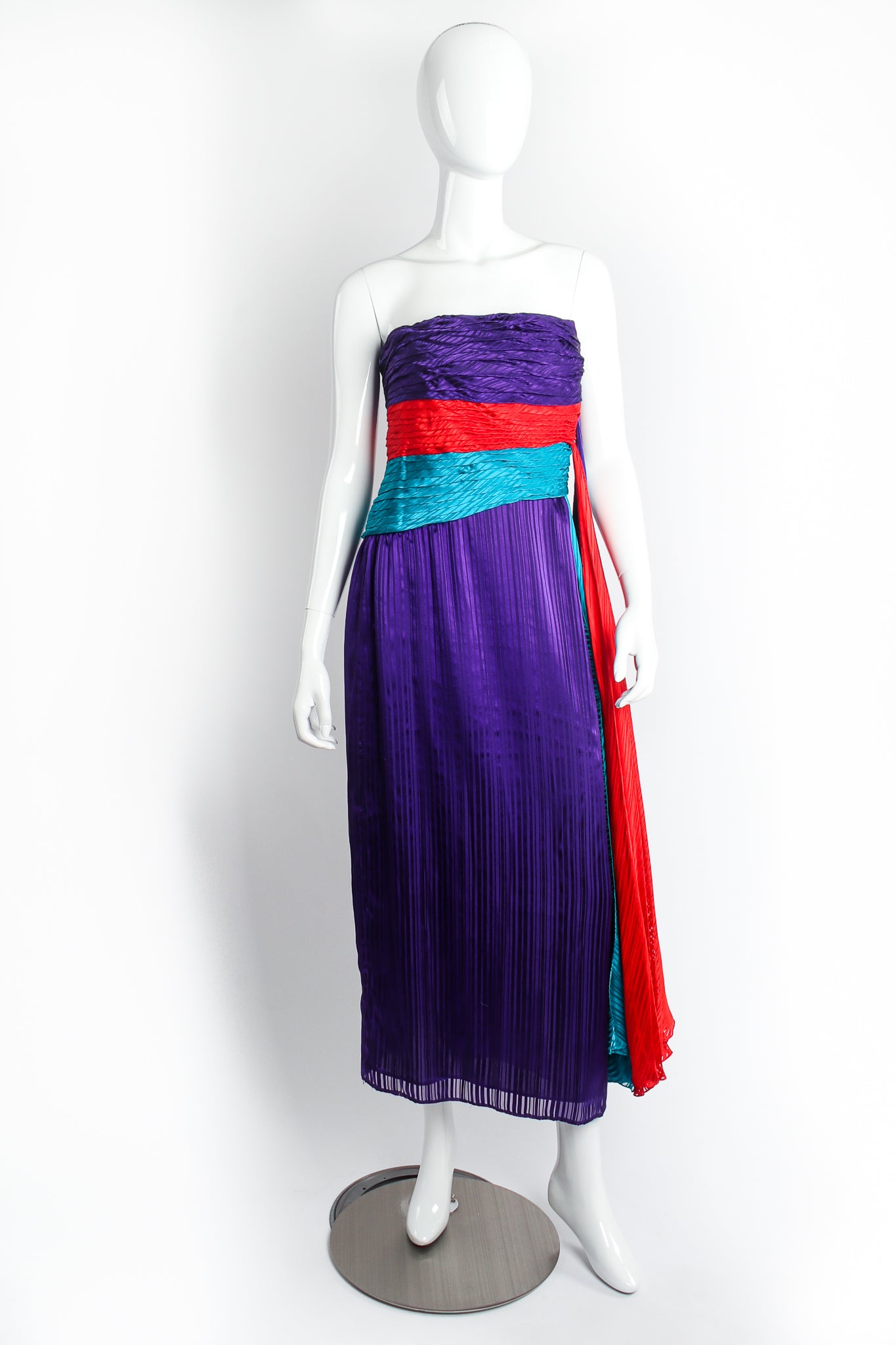 Vintage Raul Blanco Evenings Pleated Strapless Sash Dress on Mannequin front at Recess Los Angeles