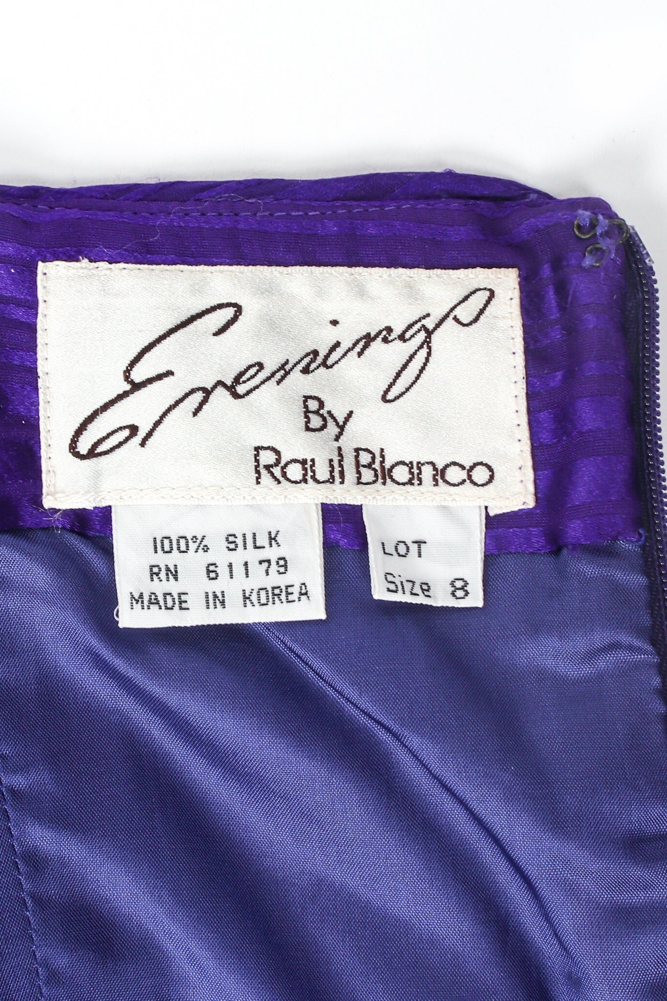 Vintage Raul Blanco Evenings Pleated Strapless Sash Dress label at Recess Los Angeles
