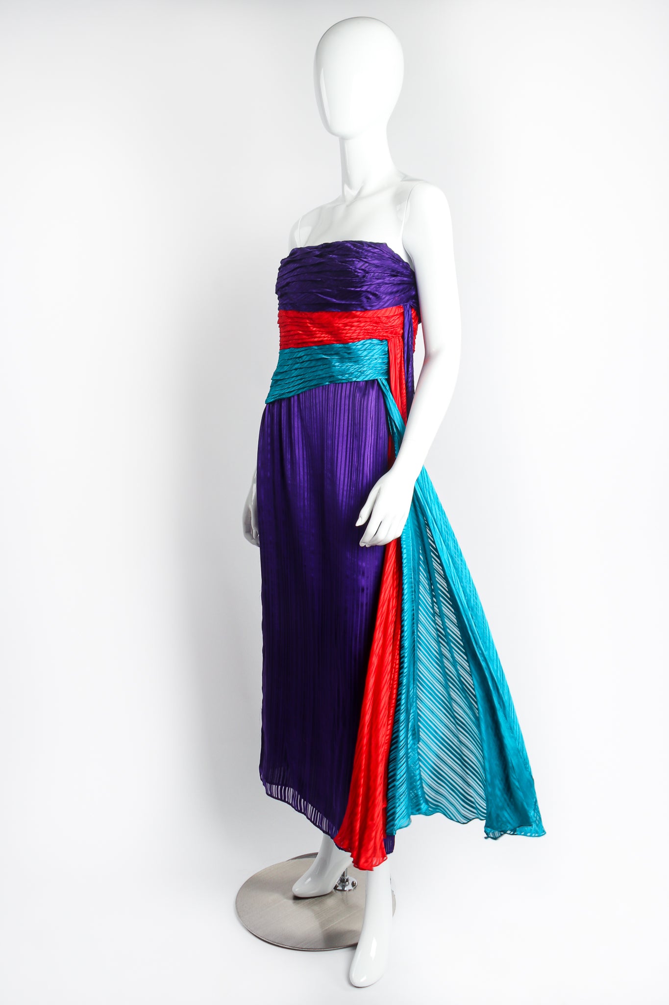 Vintage Raul Blanco Evenings Pleated Strapless Sash Dress on Mannequin angle at Recess Los Angeles