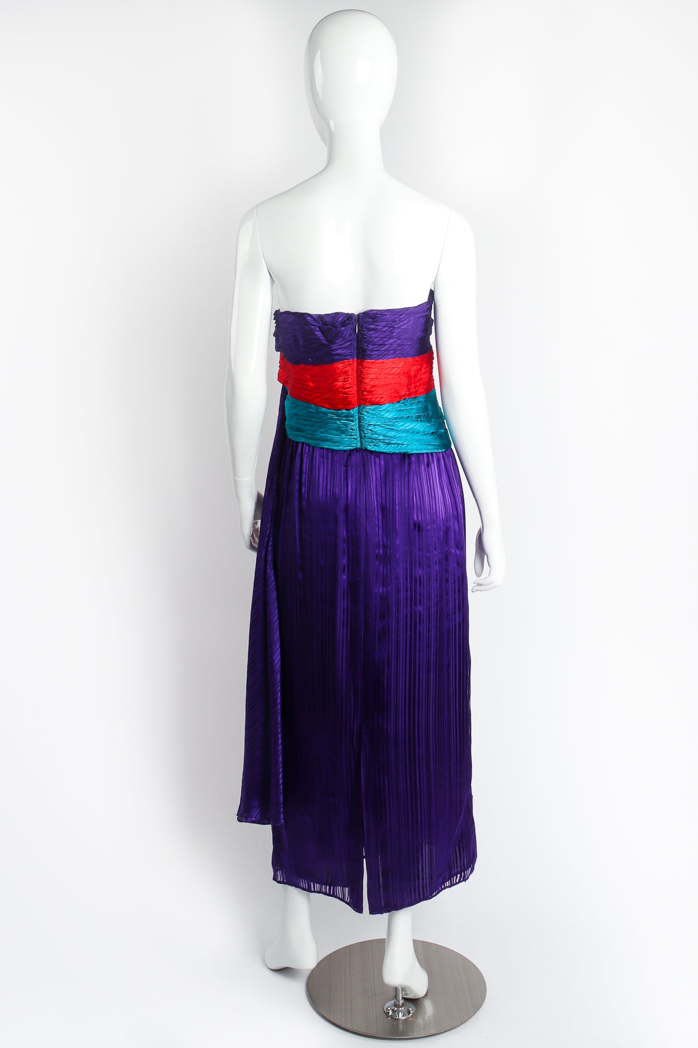 Vintage Raul Blanco Evenings Pleated Strapless Sash Dress on Mannequin back at Recess Los Angeles
