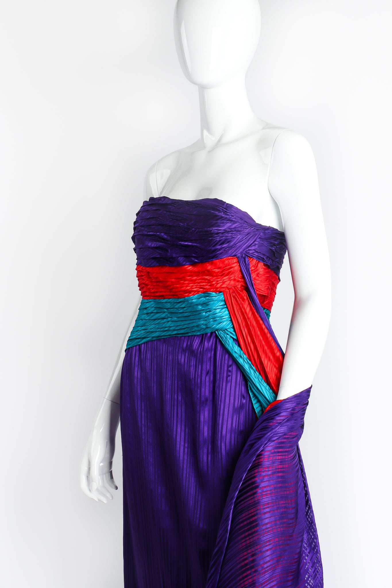 Vintage Raul Blanco Evenings Pleated Strapless Sash Dress on Mannequin crop at Recess Los Angeles