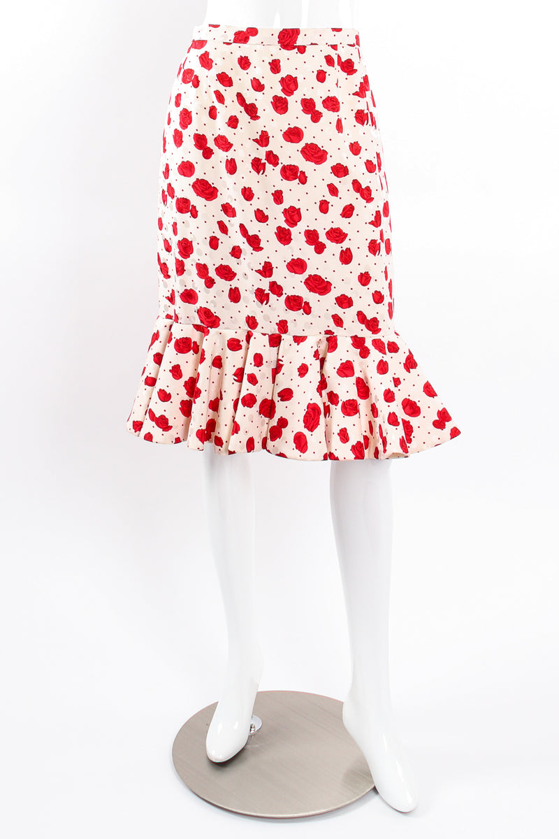 Vintage Raul Blanco Rose Print Peplum Jacket & Skirt Set on mannequin skirt front at Recess LA