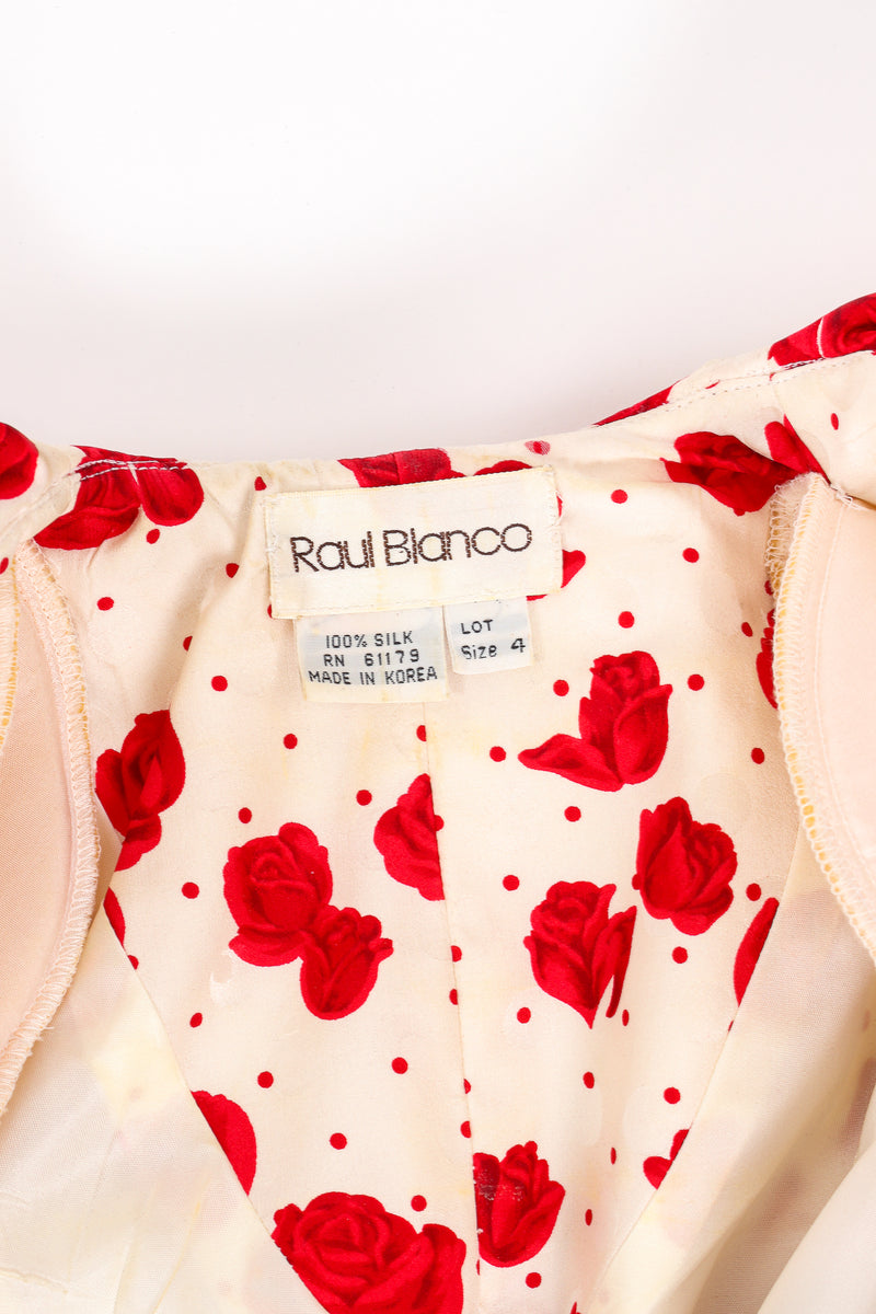 Vintage Raul Blanco Rose Print Peplum Jacket & Skirt Set back neck discoloration at Recess LA