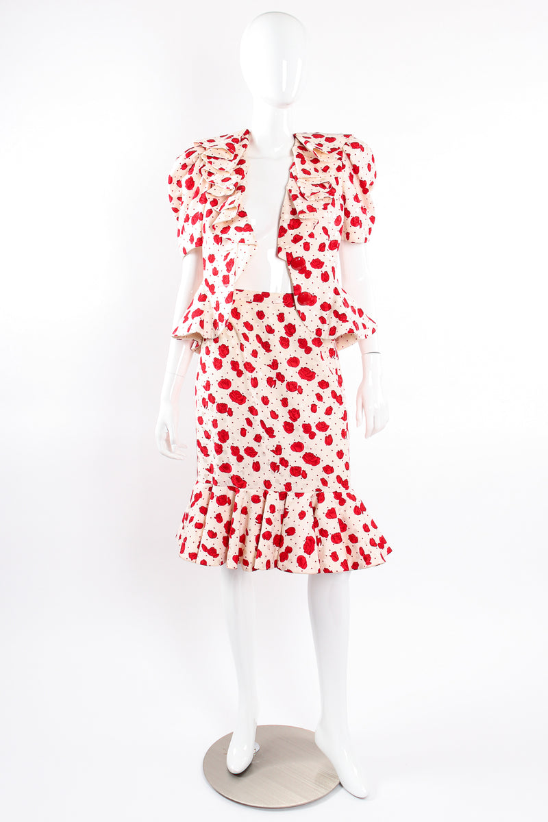 Vintage Raul Blanco Rose Print Peplum Jacket & Skirt Set on Mannequin open at Recess LA