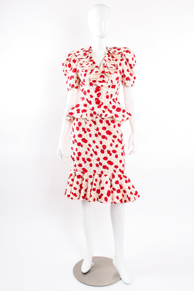 Vintage Raul Blanco Rose Print Peplum Jacket & Skirt Set on Mannequin front at Recess LA
