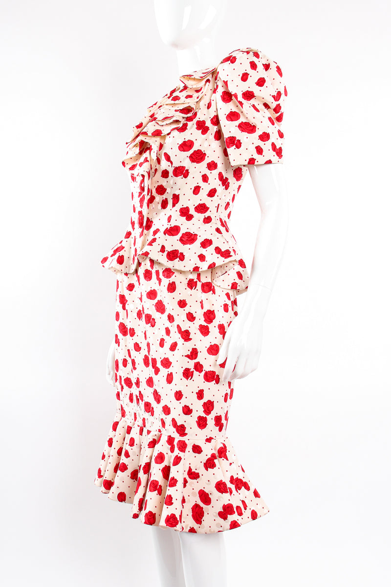 Vintage Raul Blanco Rose Print Peplum Jacket & Skirt Set on Mannequin angle crop at Recess LA