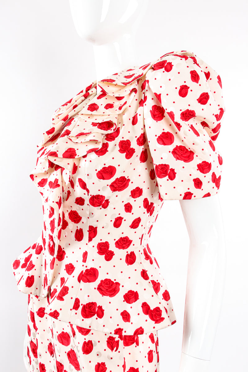 Vintage Raul Blanco Rose Print Peplum Jacket & Skirt Set on Mannequin sleeve at Recess LA