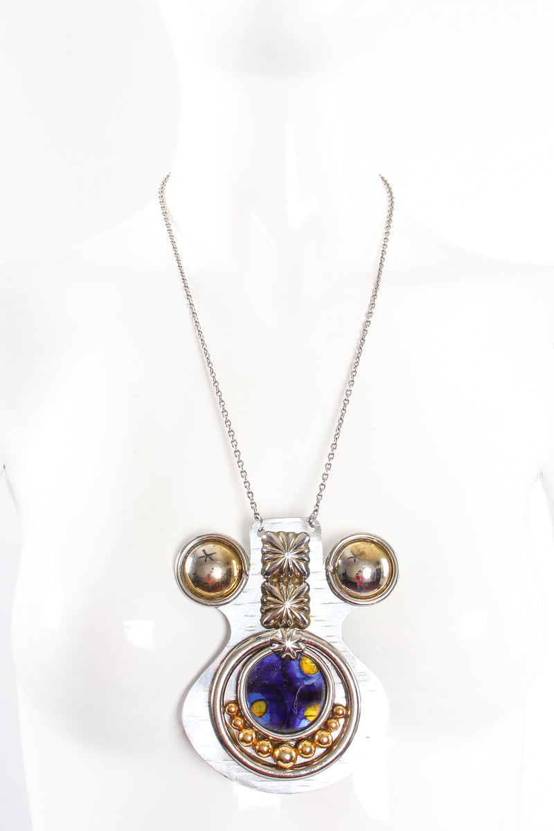 Vintage Raul Leal Artisan Long Blue Plate Pendant on mannequin at Recess Los Angeles