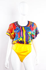 Vintage Escada Collage Pop Art Print Bodysuit on Mannequin front at Recess Los Angeles