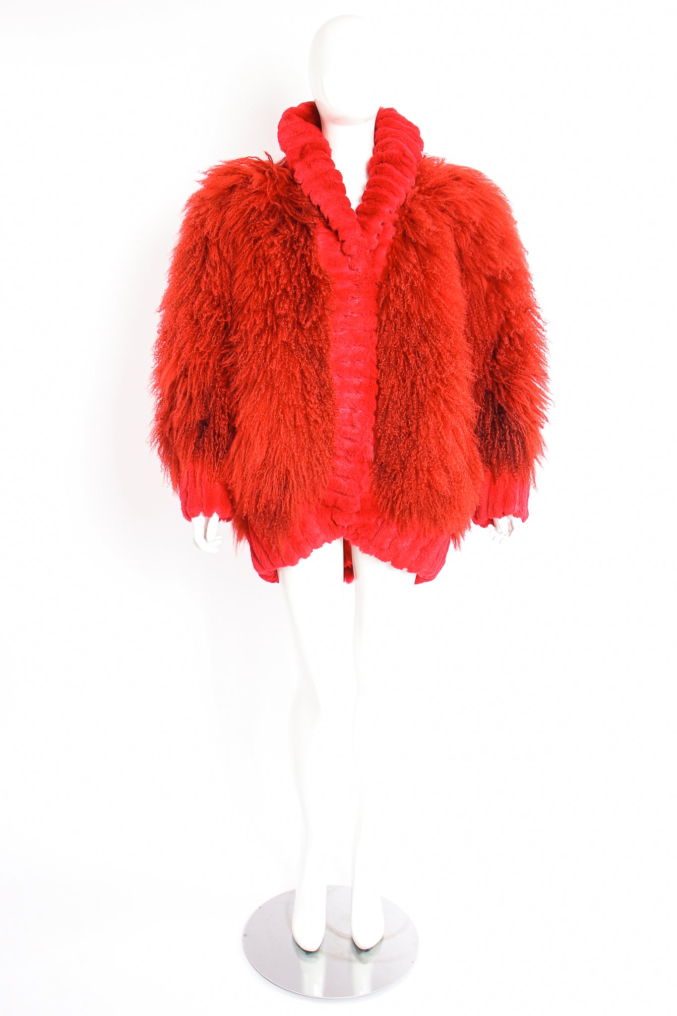 Vintage Evans Red Mongolian Fur Shawl Collar Coat on Mannequin Front at Recess Los Angeles