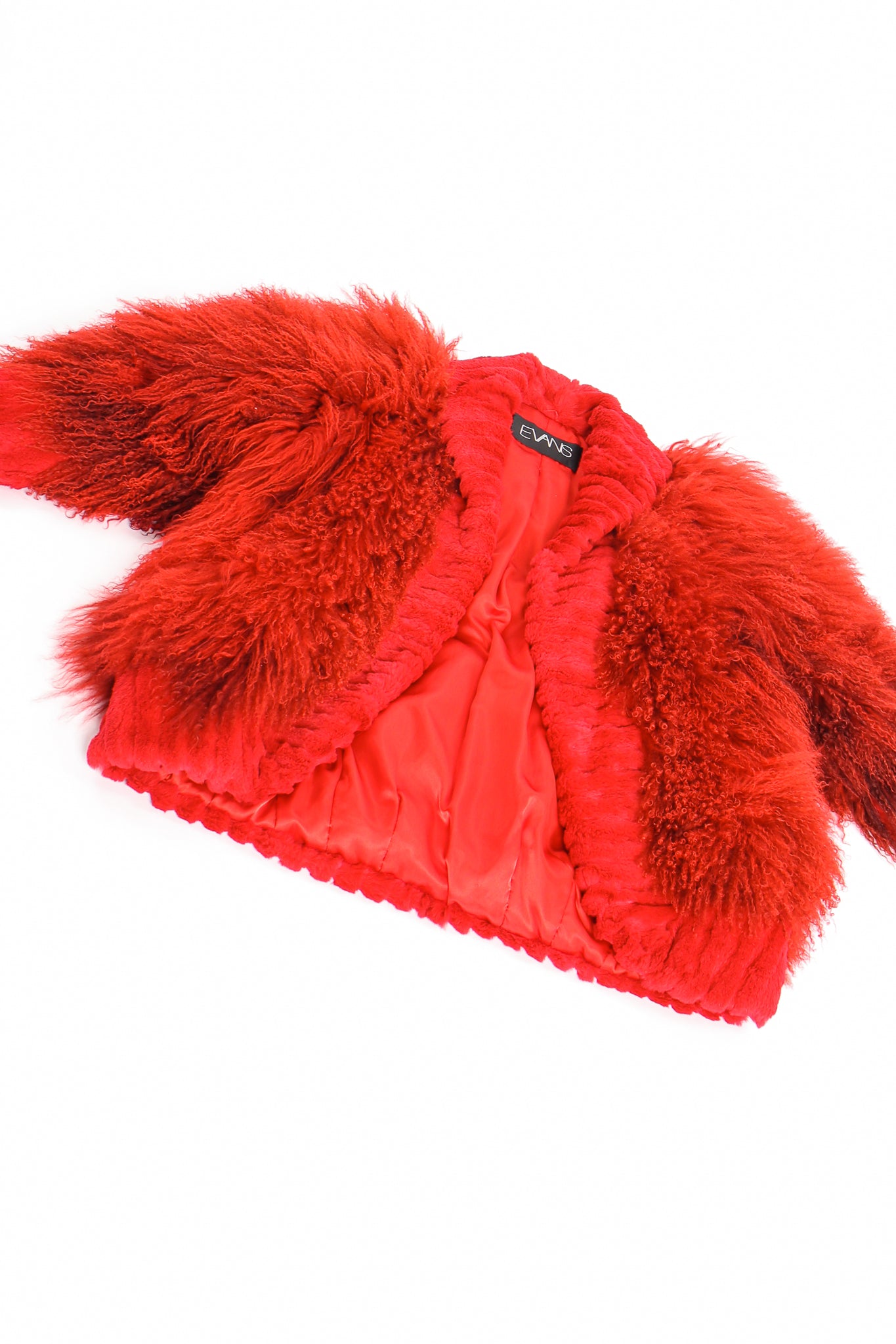 Vintage Evans Red Mongolian Fur Shawl Collar Coat flat at Recess Los Angeles