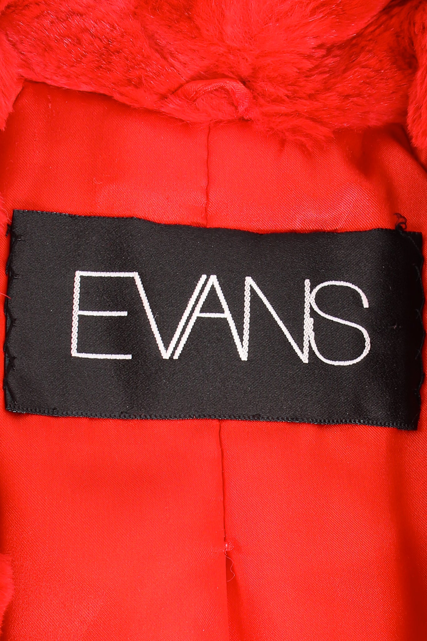 Vintage Evans Red Mongolian Fur Shawl Collar Coat label at Recess Los Angeles
