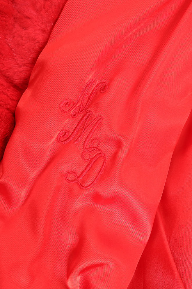 Vintage Evans Red Mongolian Fur Shawl Collar Coat personalized initials at Recess Los Angeles